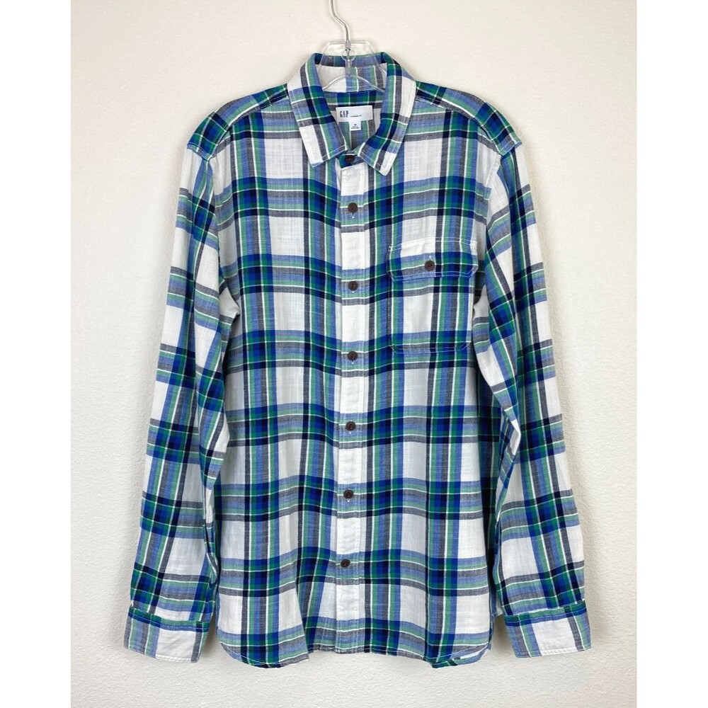GAP Men's Standard Fit Button Up Shirt Size M Blue White Green Plaid Cotton